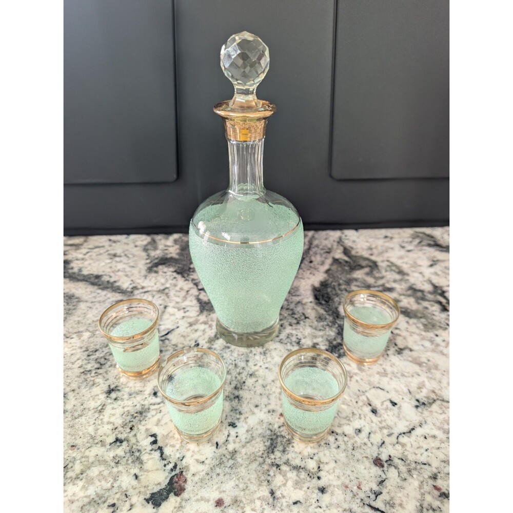 Vintage USSR Red Giant Green Sand Decanter 4 Shot Glasses Soviet Glass Set